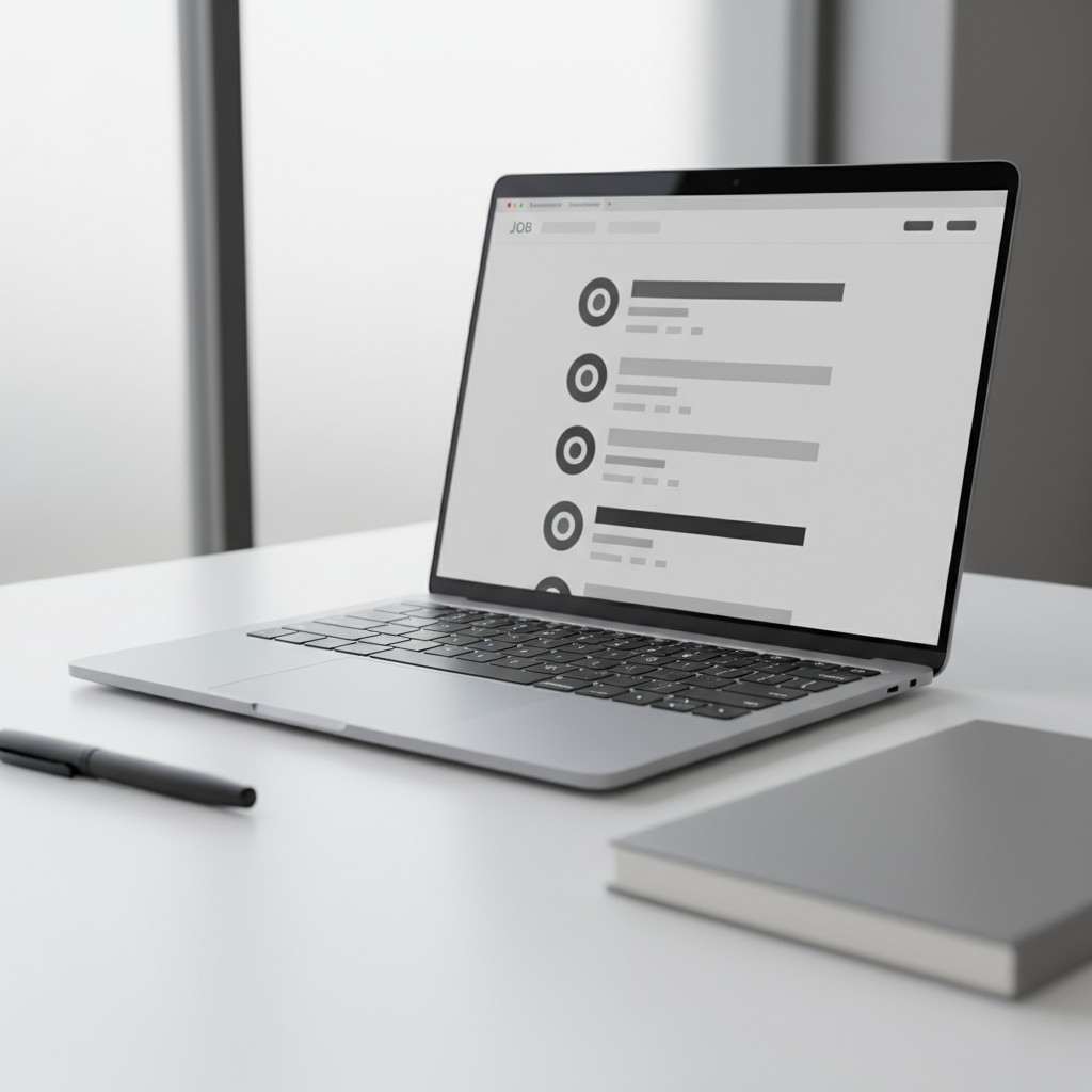 A laptop with a job resume search displayed on its webpage, displayed on a white table in a modern room or office setting.